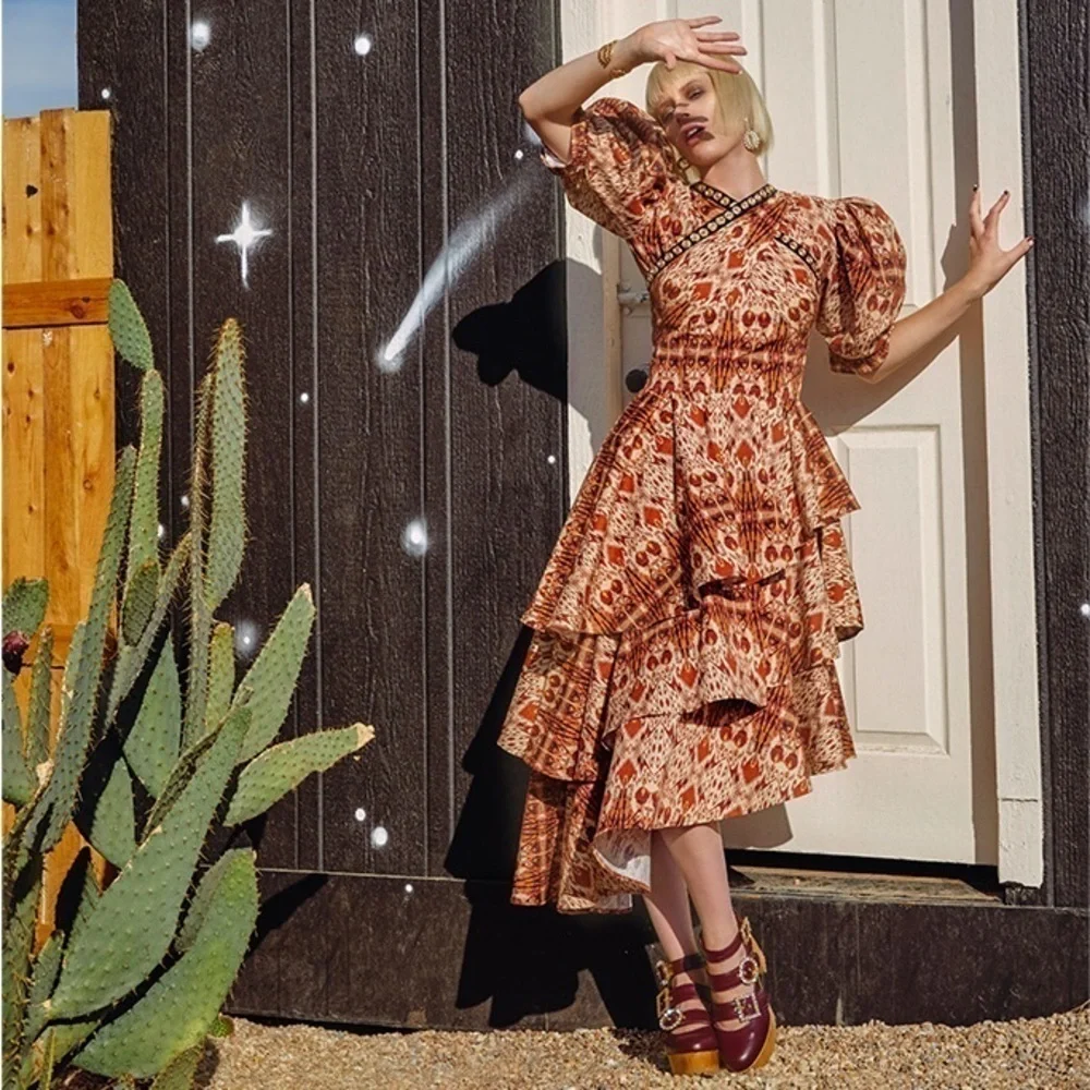 NWT Autumn Adeigbo Signy Dress Abstract Printed Tiered Midi Sleeveless Sz 10